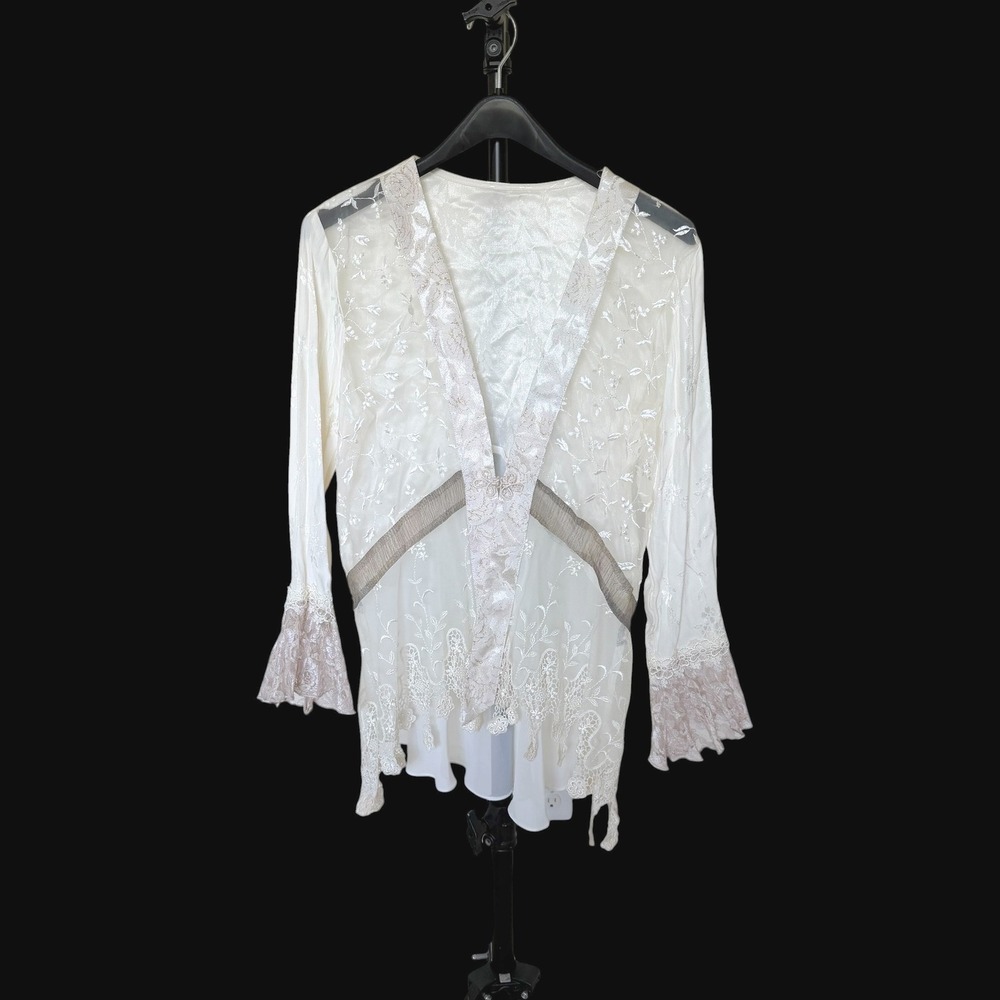 Dillards Vintage Lace Mesh‎ Embroidered Cardigan Top White Boho Flare Sleeve 10